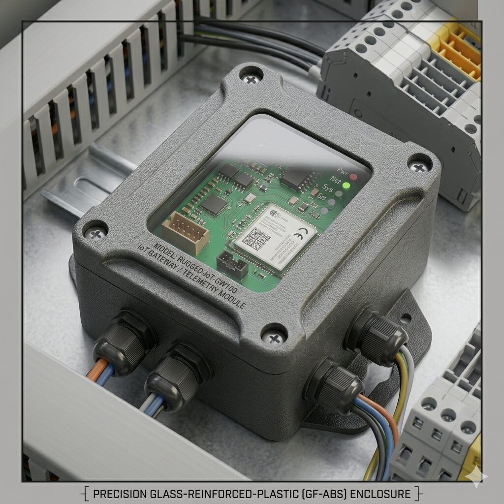 Gemini_Generated_Image_qlsqsbqlsqsbqlsq Professional-Grade Industrial GF-ABS Enclosure – Rugged IoT Gateway and Telemetry Module Case with Clear View Window - Image 1
