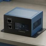 Industrial System Monitor Enclosure – Blue & Black Wall-Mount Project Box with Cutouts and Integrated LCD Window.